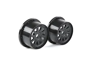 Two black Rovan 1/5 scale 5SC rear RC car rims shown from a side angle against a white background.