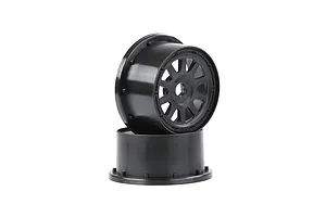 Two black Rovan 1/5 scale short course rear rims stacked on a white background.
