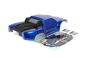 A blue Rovan 1/5 scale 5SC short course RC truck body shell with a black roll cage, decal sheet, and body clips on a white background.