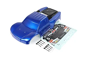 A blue Rovan 1/5 scale 5SC short course RC body shell with a decal sheet and body clips on a white background.