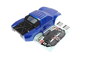 A blue Rovan 1/5 scale 5SC short course RC truck body shell with a black roll cage, decal sheet, and body clips on a white background.