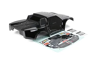 A black Rovan 1/5 scale 5SC short course RC body shell with a decal sheet and body clips on a white background.