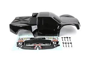 A glossy black Rovan 1/5 scale 5SC short course RC truck body shell with a decal sheet and body clips on a white background.