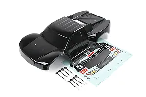 A black Rovan 1/5 scale 5SC short course RC body shell with a matching decal sheet and body clips on a white background.
