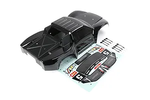 A black Rovan 1/5 scale 5SC short course RC truck body shell with a decal sheet and body clips on a white background.