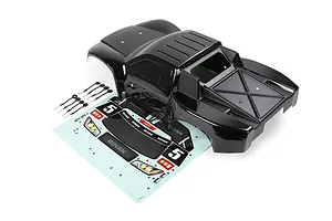 A black Rovan 1/5 scale 5SC short course RC truck body shell with a decal sheet and body clips on a white background.
