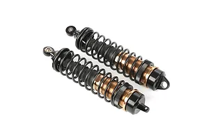 Two Rovan aluminium adjustable rear shock absorbers for RC cars, featuring bronze-coloured bodies and black springs, isolated on a white background.