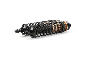 Two Rovan aluminium adjustable RC rear shock absorbers in bronze and black, positioned side-by-side on a white background.