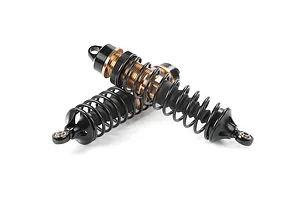 Two Rovan aluminium adjustable RC shock absorbers in bronze and black finish, crossed over each other on a white background.