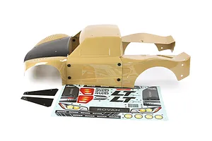 A tan and black Rovan 1/5 scale LT short course RC truck body shell with an included decal sheet and two small black plastic panels on a white background.
