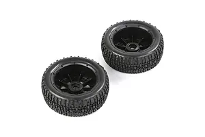 Two Rovan 1/5 scale short course RC front tyres mounted on black beadlock rims against a white background.