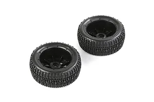 Two Rovan 1/5 scale short course RC truck wheels with black beadlock rims and knobby rubber tires on a white background.