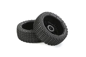 Two black 1/5 scale RC buggy wheels with Dirt Buster tread patterns and beadlock rims isolated on a white background.