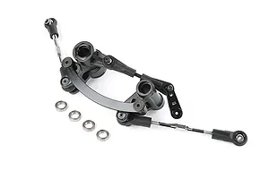 Rovan black aluminium steering bell crank and drag link assembly with four small metal bearings on a white background.