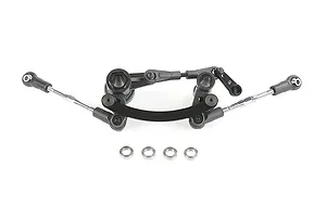 Rovan RC steering bell crank and drag link assembly in black with metal tie rods and four separate ball bearings on a white background.