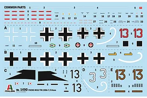 A decal sheet for an Italeri 1/72 scale Focke-Wulf FW 190 A-7/A8 model kit, featuring various German military insignia, numbers, and markings.