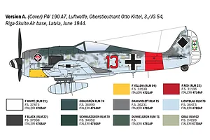A digital illustration showing the side profile of a Focke-Wulf FW 190 A7 aircraft with a color reference chart for model painting.