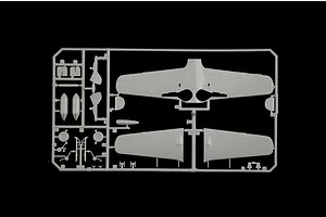 A grey plastic sprue containing model aircraft parts, including wings and landing gear components, set against a black background.