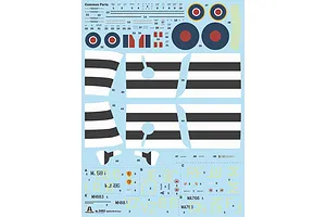 A decal sheet for an Italeri 1/48 scale Spitfire Mk. IX model kit, featuring various national insignias, invasion stripes, and squadron markings.