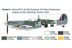 A technical diagram showing the side profile of a Spitfire Mk. IX aircraft with paint color references for the Italeri model kit.