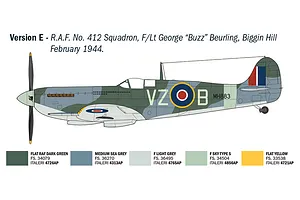 A digital illustration showing the side profile of a Spitfire Mk. IX aircraft in RAF livery, including a color guide for the model kit.