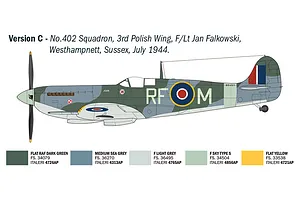 A side-profile diagram of a Spitfire Mk. IX aircraft in camouflage, showing paint scheme and decal placement for Version C of the Italeri model kit.