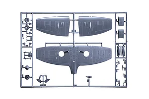 A grey plastic sprue containing model aircraft wing and landing gear parts for an Italeri 1/48 scale Spitfire model kit.