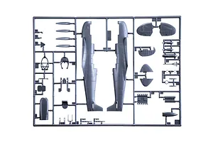 A grey plastic sprue containing various model aircraft parts for an Italeri 1/48 scale Spitfire Mk. IX fighter kit.