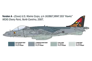 A side-profile illustration of an AV-8B Harrier II jet with VMAT-203 Hawks markings, including a color guide for Italeri paint codes.