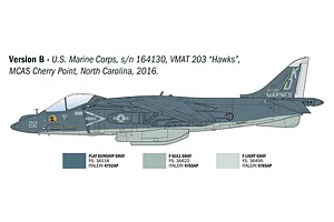 A side-profile illustration of an AV-8B Harrier II jet in US Marine Corps livery, including a paint guide with FS color codes.
