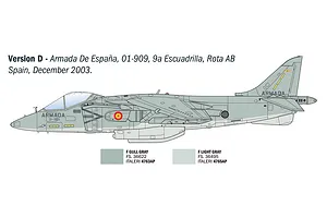 A side-profile technical illustration of an AV-8B Harrier II jet in Spanish Armada livery, showing paint color references for the model kit.