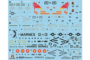 A decal sheet for the Italeri 1/72 AV-8B Harrier II model kit, featuring various markings, insignia, and numbers on a light blue backing paper.