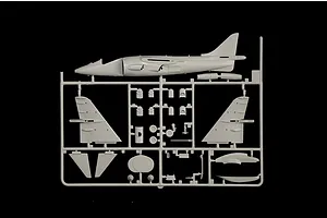 A grey plastic sprue containing parts for a 1/72 scale AV-8B Harrier II model aircraft kit, including the fuselage and wings.