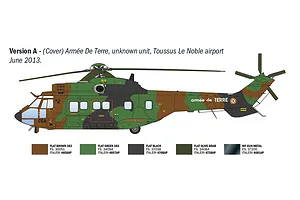 A side-profile digital illustration of an AS332 Super Puma helicopter in French Army camouflage, including a paint reference guide.