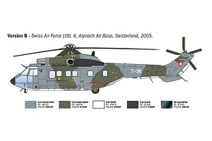 A side-profile illustration of an AS332 Super Puma helicopter in Swiss Air Force camouflage livery, including a paint reference guide.