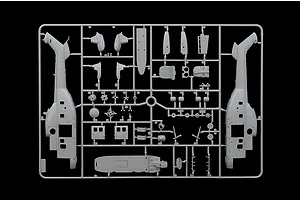 A grey plastic sprue containing various parts for an Italeri 1/72 scale AS332 Super Puma helicopter model kit, set against a black background.