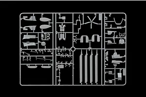 A grey plastic sprue containing various model helicopter parts for an Italeri 1/72 scale AS332 Super Puma kit, isolated against a black background.