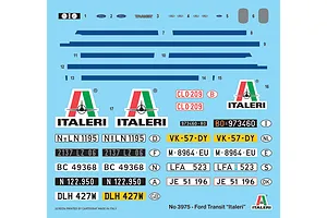 A decal sheet for the Italeri 1/24 Ford Transit model kit, featuring various license plates, stripes, and Italeri logos on a light blue backing.