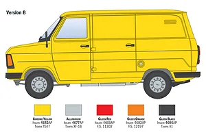 A side-profile illustration of a yellow Ford Transit van, labeled Version B, with a color guide below showing paint codes for the model kit.