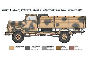 A side-profile illustration of a German Opel Blitz truck in desert camouflage, showing paint color swatches for the Italeri model kit.