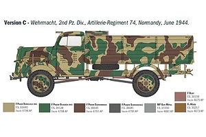 A side-profile illustration of a German Opel Blitz truck in camouflage paint, showing painting guide version C for a 1/35 scale model kit.
