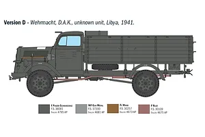 A side-profile technical illustration of an Opel Blitz truck, showing painting guide Version D for a Wehrmacht vehicle in Libya, 1941.