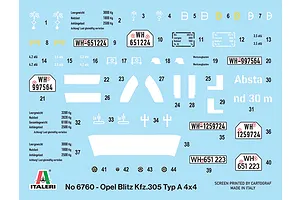 A decal sheet for the Italeri 1/35 scale Opel Blitz Kfz.305 Typ A 4x4 model kit, featuring various military markings, license plates, and technical data.