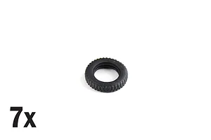 A single black rubber model truck tire with a 7x multiplier text in the corner, indicating seven tires are included in the kit.