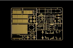 A tan plastic sprue containing various parts for an Italeri 1/35 scale Opel Blitz truck model kit, including truck bed panels, wheels, and chassis components.