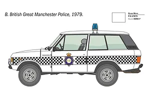 A side-profile illustration of a white Range Rover police vehicle with checkered decals, labeled as British Great Manchester Police, 1979.