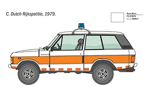 A side-profile illustration of a 1979 Dutch Rijkspolitie Range Rover police vehicle, showing white and orange livery with a roof-mounted blue light.