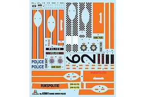 A decal sheet for an Italeri 1/24 scale Range Rover Police model kit, featuring various police markings, badges, and orange stripes.