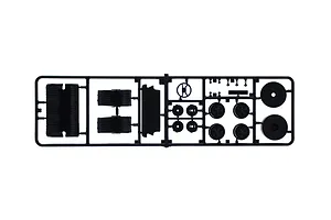 A black plastic sprue containing various model car parts including wheels, tires, and a steering wheel for a 1/24 scale model kit.