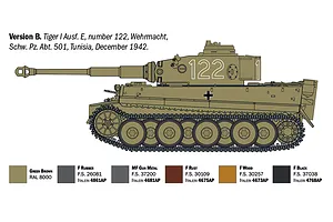 A digital illustration showing the side profile of a German Tiger I tank with a color guide for painting the model kit.